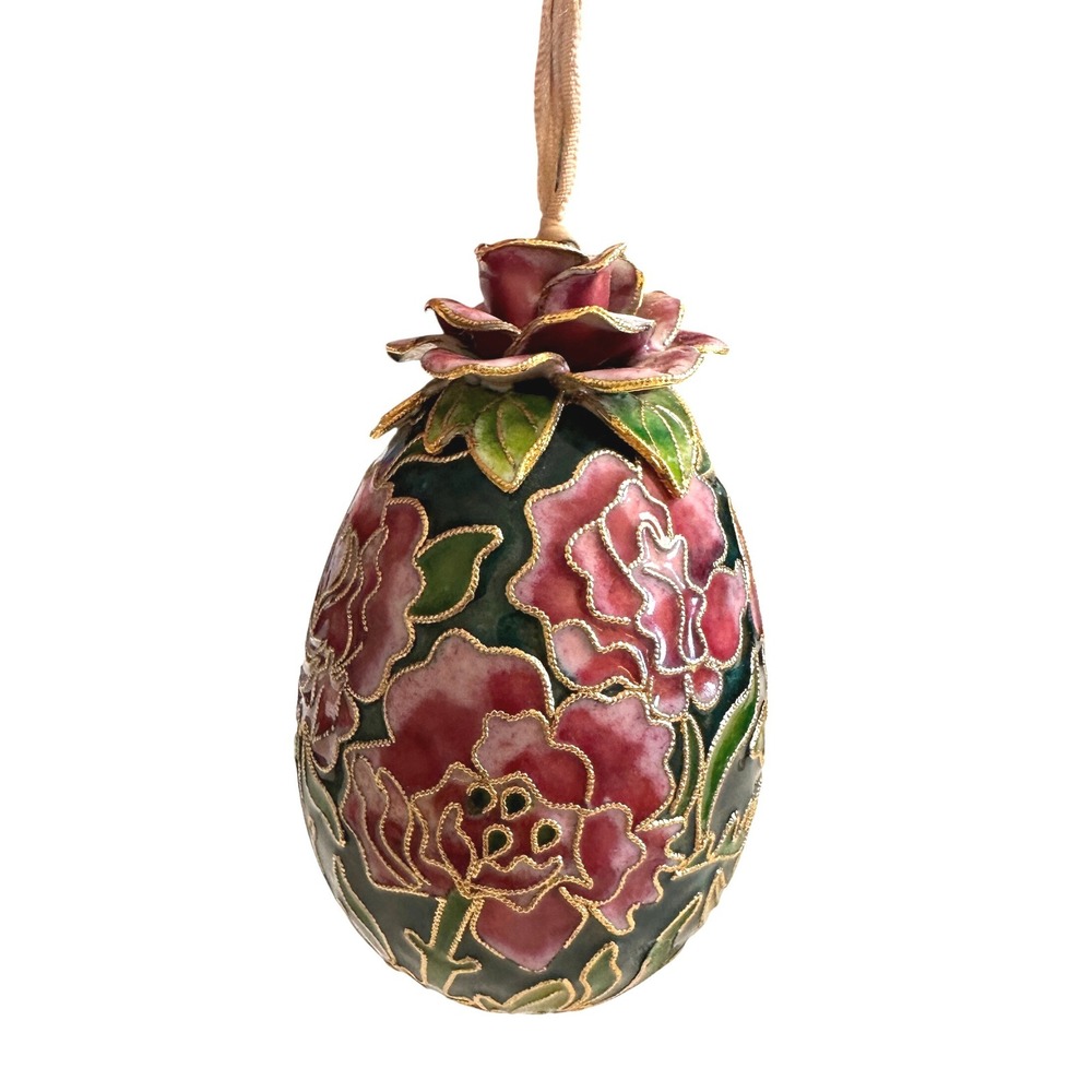 VTG Cloisonne Enamel Egg Ornament Pink Peony Floral Gold Chinoiserie Decor 3.5"